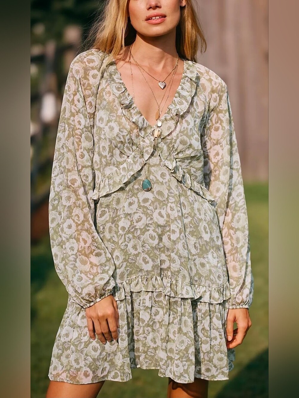 Anthropologie Floral Ruffle Long Sleeve Mini Dress